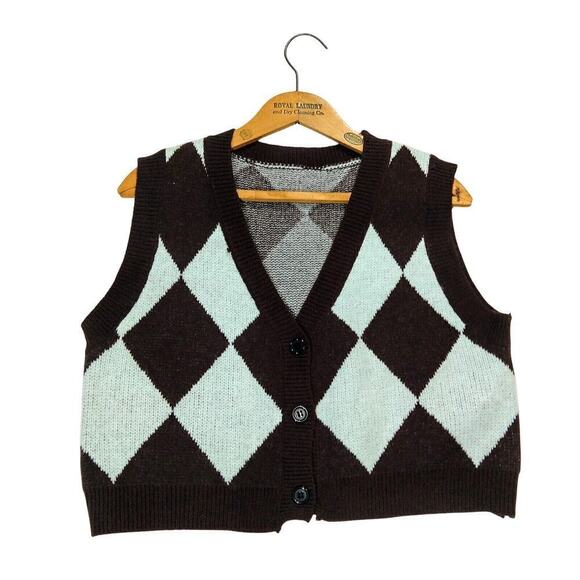 Vintage Y2K Cropped Sweater Vest Size M L Diamond Knit Mint Green Brown 2000s - Picture 1 of 3